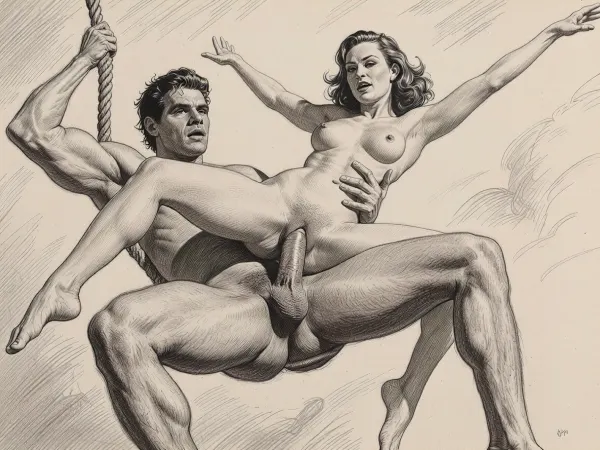 This is a detailed monochromatic pencil drawing in a classical illustrative style depicts a scene set in 1950s Tarzan and Jane have sex in the air. Tarzan swings on a rope with Jane on his big cock. Jane has her arms spread as she flies with Tarzan. Tarzan's cock is deep in Jane's ass. Front view, looking at viewer. The overall mood is intense, rendered in fine, expressive line work and subtle shading, evoking the style of 1950s satirical or moralistic illustrations.