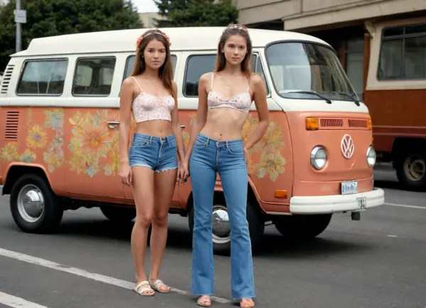 2 girls, french, 18 yo, photo in style of 70's, standing by an old hippie "flowers" pattern VW Camper, topless, tight hippie denim pants, ponytail hair, San Francisco street scenery