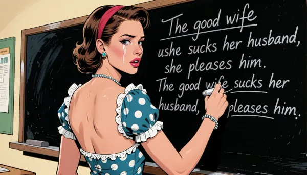 (Marvel comics image:.5), ((pop art cartoon image)), stylized classroom background., 1woman, solo, (a highly detailed 2/3 side view American shot drawing of a 1950s housewife at a finishing school:1.2), magnificent, beautiful, stunning, (busty), 22yo, frilly sexy dress with polka dots, (excessively sharp angular facial features:2), (excessively crooked nose:2), (protruding cleft chin:2), very upright back, pouting glossy lips, (toned arms), She has written once and is writing again at the blackboard with chalk in neat cursive letters, (one sentence per line:2), (using the full width of the blackboard:2), TThe good wife sucks her husband, she pleases him. The good wife sucks her husband, she pleases him., (ashamed, crying:1.5), (rage:2), (exasperated, defiant:2), She wears stylish understated jewelry