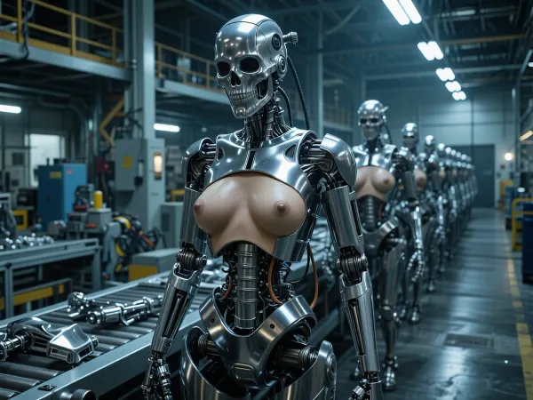 factory interior, assembly line, conveyor belt, industrial machinery, automated production, (robotic female torso:1.2), (detached torso parts:1.2), (mechanical breasts:1.2), (bare robot chest:1.1), incomplete robot chassis, mass production line, robot parts scattered, (T-800 style endoskeleton:1.1), full metal body, polished chrome, metallic sheen, (female robot skeleton:1.1), metal skull face, feminine skull structure, hollow eye sockets, (metallic breasts:1.2), (chrome chest plating:1.1), exposed mechanical joints, hydraulic pistons, cable wiring, skeletal frame, identical androids, patrolling in formation, guard robots, dim industrial lighting, overhead fluorescent lights, cold blue tint, steel catwalks, factory floor, wide shot, deep perspective, sci-fi, dystopian, detailed mechanical design, intricate metalwork, photorealistic, high detail, 8k