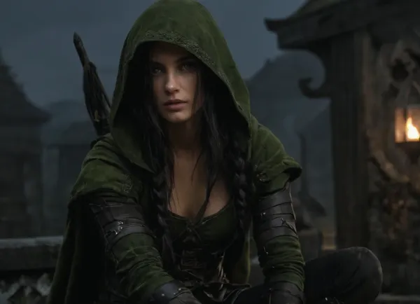 Sneaky female rogue, slender and agile, pale moonlit skin, long raven-black hair tied in a loose braid, piercing green eyes scanning the shadows, clad in dark leather armor, a hood partially concealing her face, twin daggers glinting faintly, crouched atop a moss-covered rooftop in an ancient elven city, faint mist curling around her boots, a faint smirk hinting at danger, cinematic low light, ultra-realistic fantasy art