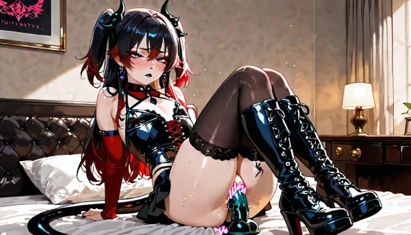 1 young female adult sitting on her side on her bed with her chest facing the viewer and legs slightly open, small slender body, tiny hips, tiny chest, slender leggs, shaved vagina, youtfull european nordic face with black lipstick and eyeliner, long black hair with dark red tips, zoomed out, full character in view.
Wearing knee high goth boots with laces, miniskirt not covering her vagina, cute see trough lace corset, vagina in view
no wrinkels, youthfull face
add a fantasy bad dragon dildo between her legs
goth vibe room, black bed, lizvix, <lora:EnvyGothXL01:1.3>, <lora:lizvix-sdxl1.0:.4>