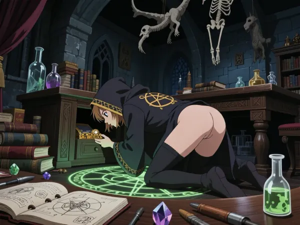 90s anime screencap, shonen style, low angle shot looking up, dynamic perspective, A medieval castle. In the darkened study of the Royal Alchemist, a young woman kneels and leans deeply into a low cupboard, looking for treasure to steal and has become stuck. She wears a hooded cape embroidered with golden alchemical symbols, lifted up to expose her bare buttocks and pussy. Beneath her is a glowing magical circle.

The room is overflowing with ancient books, glass vials, and the skeletons of strange animals hanging from the ceiling. A desk is covered with scattered tools — mystical crystals, an open notebook covered in cryptic diagrams, a small vial of bubbling green elixir. The mood is mystical and magical, deep shadow, sharp angular lines, cel-shaded, film grain, (4:3), composition, VHS aesthetic, saturated colors, 1998