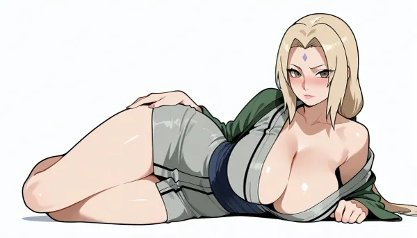 derpixon style, simple cartoon porn, bold black outlines, vibrant flat colors, without shading, clean lines, white background, Lady Tsunade from Naruto, curvaceous mature body, very large breasts, slim waist, wide hips, long straight blonde hair, green eyes, violet diamond mark on forehead, beautiful confident face, slight blush, aroused expression, wearing a grey kimono pushed down to her waist, lying on side, full body view, maximum simplicity, clean flat coloring, no complex details, no gradients, no shine