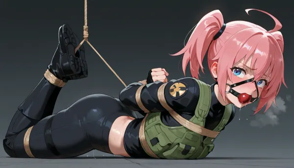 milim_nava from tensei_shitara_slime_datta_ken, wearing green tactical vest and dark pants, kneeling on floor in contorted pose, beige rope bondage wrapped around arms, torso, and legs, black face harness with ballgag, hands bound behind back, sweat on skin, blushing, distressed expression with mouth gagged, dark grey background, anime art style, fanart, explicit, nsfw