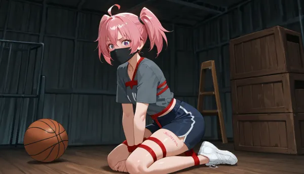 milim_nava from tensei_shitara_slime_datta_ken, wearing grey t-shirt and light blue basketball shorts, kneeling on wooden crate, red rope bondage on legs and arms, white face gag covering mouth, white athletic shoes with red accents, holding green marker pens, blushing, distressed expression, warehouse setting with basketballs in background, metal shelves, dim lighting, anime art style, fanart, explicit, nsfw