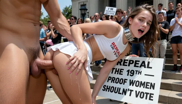extreme public gorean anal degradation at repeal the 19th rally, crowded courthouse steps during daytime protest, tall dominant man brutally fucking the ass of a 19 year old rail-thin pale college girl from behind while standing in the middle of the crowd, she is bent forward slightly holding a large white sign that says “REPEAL THE 19TH — I’M PROOF WOMEN SHOULDN’T VOTE”, wearing a tiny white crop top with “REPEAL THE 19TH” written across her flat chest, micro skirt flipped up exposing everything, heavy steel slave collar, messy long light-brown ponytail, freckled skin, flat chest with tiny pink nipples, wide innocent hazel doe eyes rolled back in humiliated ecstasy, mouth open drooling, thick cock deep in her tight ass, her pussy visibly dripping down her thighs onto the pavement, people in the background cheering and watching, bright daylight, (public anal sex:1.3), (extreme public humiliation), (shameful arousal), detailed crowd, realistic skin textures, sweat, juices
