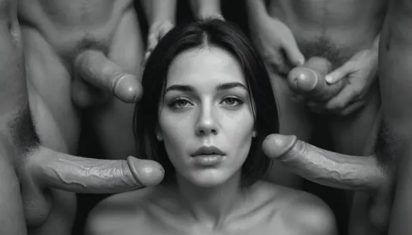 ((artistic black and white image:2)), (front view of one 50 years old naked 160 cm tall mom), nude woman, ((woman facing the camera)), woman is surrounded by penises, brunette hair, blunt bob cut hair, (mouth closed), saliva on her face, saliva on her lips, Film Noir scene, sensual image, (woman looking straight at viewer), ((Front facing portrait)), strong contrast between light and dark, (four men standing sideways around woman out of frame), ((penis)), (an erect 17cm Caucasian penis directed to woman's face from side), (woman's lipstick is smeared out)