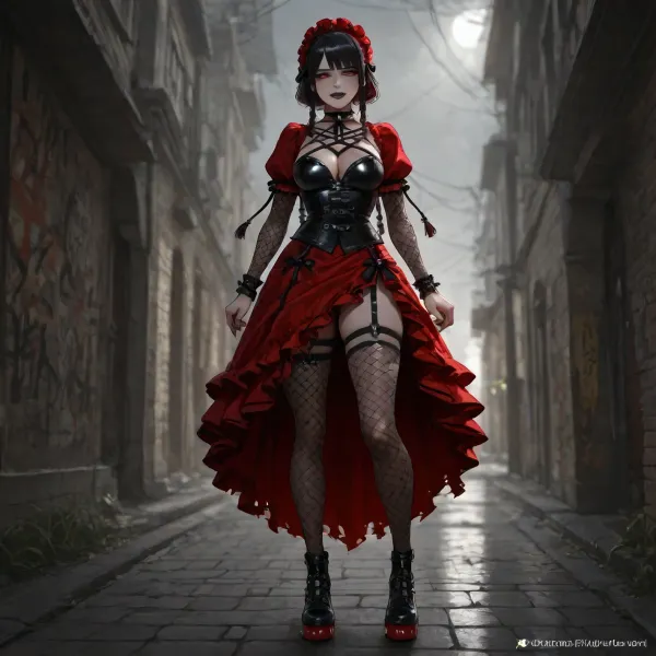 Goth-punk reimagining of Dorothy Gale from The Wonderful Wizard of Oz. Pale skin, edgy dark makeup with heavy eyeliner, black lipstick, and a bold rebellious smirk, large bimbo breasts. Jet black hair with streaks of crimson or violet, styled into messy braids tied with leather straps. Wearing a punk version of her dress, torn black-and-red plaid with corset lacing, fishnet sleeves, and ripped stockings. Blood-red studded platform shoes glowing faintly with arcane energy. Black spiked choker and wristbands as accessories. Standing on a cracked yellow brick road, neon-green glow of a sinister Emerald City on the horizon, graffiti scrawled across broken Oz signs. Ultra-realistic gothic punk fantasy art, highly detailed, cinematic neon-and-shadow lighting, atmosphere of rebellion, danger, and dark charisma.