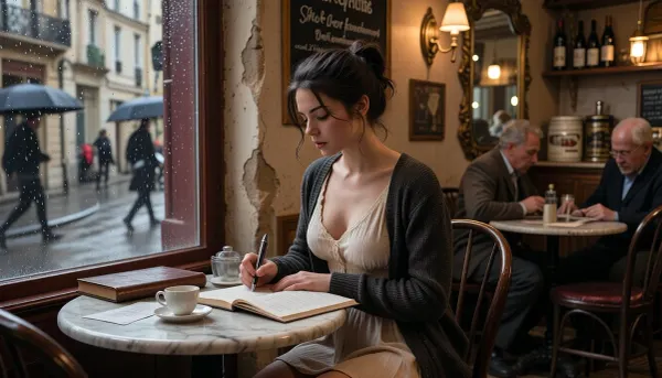 A cinematic, photorealistic scene of a very busty young female writer sitting alone at a small table inside a tiny, cozy French café, absorbed in her work. She is in her late twenties, naturally beautiful rather than glamorous, with slightly tousled dark brown hair loosely pinned up, a few strands falling around her face. She wears a soft cream blouse dress beneath a worn dark cardigan, understated and quietly elegant.

She sits beside a rain-speckled window at a small round marble café table, leaning slightly over an open notebook filled with handwritten pages. One hand holds a fountain pen paused thoughtfully above the paper while the other rests around a small porcelain cup of coffee. Several loose pages, and a closed leather-bound notebook lie beside her. Her expression is distant and contemplative, as though she is searching for exactly the right sentence.

The café is intimate and unmistakably French without feeling staged, aged plaster walls in warm muted tones, dark bentwood chairs, tiny marble-topped tables, an antique mirror behind the bar, handwritten chalkboard menus in French, shelves with wine bottles and old coffee tins, brass wall lamps casting a warm amber glow. A quiet waiter works softly in the blurred background while two elderly locals sit talking at another table.

Outside the window, a narrow Parisian side street glistens after light rain, with blurred pedestrians beneath umbrellas and the warm glow of street lamps beginning to appear in the late afternoon.

The atmosphere is warm, intimate, literary, nostalgic, and deeply lived-in — a private creative moment sheltered from the gray world outside. Natural window light mixed with warm practical café lighting, subtle reflections in the glass, shallow depth of field, delicate film grain, rich natural textures, realistic skin, candid documentary-style composition, cinematic 35mm photography, muted European color palette, sophisticated visual storytelling, authentic French café atmosphere, no posing, no awareness of the camera.