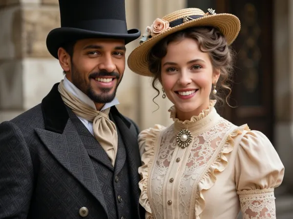 A young woman from the late Belle Époque, circa the 1910s, stands next to a smiling man wearing a tall black top hat. She has fair skin and wavy hair styled beneath a straw canotier hat adorned with fabric roses. She wears a broad, sincere smile, pearl teardrop earrings, and a large round brooch with a pearl on her high collar. Her cream-beige blouse features semi-transparent lace at the chest, ruffles, metal buttons, voluminous puff sleeves, and lace cuffs. The man has a dark complexion, a short black beard, and a mustache, he wears a dark gray frock coat with a geometric pattern, a matching vest, and an ascot tie. The background is blurred, the stone facade of an old Parisian building with carved doors, bathed in soft daylight. A highly detailed photorealistic image, exquisite fashion from the late Belle Époque, an elegant smiling couple—a masterpiece, best quality, ultra-detailed.
