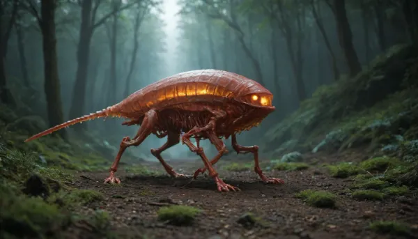 creature that perfectly inhabits the UV-reactive crystalline landscape. This being features a sleek, translucent body with internal skeletal structures that glow with neon cyan and violet light, mirroring the energy of the crystals around it. Its skin is adorned with intricate UV-reactive patterns in hot magenta and fluorescent orange, providing it with a natural camouflage among the neon flora. With its large, glowing amber eyes and multiple crystalline limbs, it's a fascinating addition to this otherworldly dimension. I hope you find it as captivating as the landscape itself.