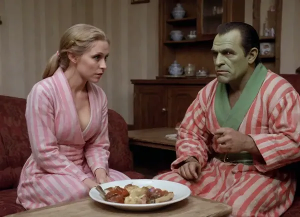1female elf, 1male orc, elf housewife in old stale home robes is making a mess scandal of smashing dishes, she's in anger, she looms over her orc husband while he's sitting drunk on the couch in striped pajamas, a Soviet-style room, ussr entourage, 1980s setting