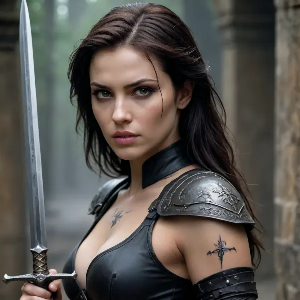 In the style of Luis Royo. Sera Voss-Kael is a bodyguard who lived when her charge didn't, now bound to the dead boy's blade whether she wanted the inheritance or not — grim, competent, and quietly terrified of how good the sword makes her feel in a fight. Tall and broad-shouldered in a way that reads as built for the job rather than for show, with close-cropped dark hair and a face that's handsome in a hard, unsmiling way — a bodyguard's face, built to be looked past rather than at. A thin white scar runs from her jaw to her collarbone, souvenir of the fight she lost. Grief-Iron hangs at her hip in a scabbard etched with the Kael house sigil, and when she's angry the veins in her sword hand run faintly, uncomfortably warm to the touch, like the blade is answering something in her blood before she's asked.