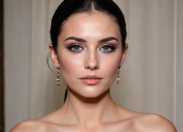 "Imagine a face that not only catches the light, but also commands it. The skin still resembles shining porcelain, but now it is accentuated by an iridescent highlighter on the cheekbones and bridge of the nose, giving the face a heavenly glow, as if kissed by dew. The eyebrows are clearly defined, which gives the facial expression confidence and charm. But the real drama begins with the eyes, bold, shimmering gold or electric blue eye shadows blend over the eyelids, forming spectacular smoky shadows that give the look a hypnotic and piercing hue. The eyelashes are thick, voluminous and inky black, framing the eyes like a dark, seductive curtain."
"And lips... they are no longer just soft coral. They are painted in a bright, glossy crimson color — so bright that it feels like a challenge. It's an impossible-to-miss face, a masterpiece of bold colors and precise lines that transforms beauty into something exhilarating."
"Her black hair is cut into a sharp, asymmetrical bob that touches her jawline on one side and falls slightly on the other, creating a dynamic sense of movement even when she stands still. The texture is polished to a glassy sheen, making the hair look like liquid silk. The roots remain smooth and fit snugly to the scalp, and the tips are trimmed with such precision that they look almost like a blade. To give the hairstyle a modern look, a hidden neckline at the back of the head gives it a clean, fresh look, and a deep fringe with a side parting falls over the forehead, partially covering one eye and giving the image a mysterious charm."