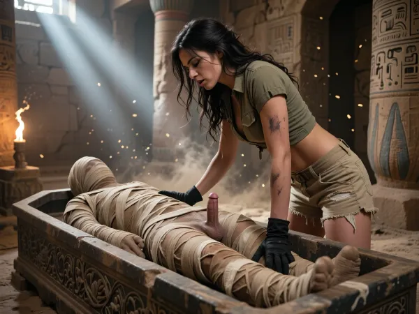 A sexy female archaeologist in her late 20s, athletic body, long messy dark hair, wearing a dirty and torn military short-sleeved shirt slightly lifted at the waist and dusty, ripped beige cargo shorts, black gloves, standing inside an ancient Egyptian temple. She is leaning over an open ornate stone sarcophagus, looking at the mummy, oversized mummy completely wrapped in ancient bandages over its entire body, between the ancient bandages a little tiny and thin penis is exposed and hanging limp, (rising from its pubis), Dramatic torchlight and shafts of sunlight illuminate the scene, hieroglyphs and ancient pillars in the background, dust particles floating in the air, highly detailed, cinematic lighting, realistic style, 8k, Dramatic lighting, photorealistic