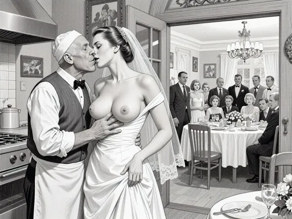 This is is a detailed monochromatic pencil drawing in a classical illustrative style depicts a scene set in USSR, in 1950s, a striking busty slutty bride in a white dress, hugs and passionately kisses an old waiter in the restaurant kitchen who roughly and imperiously paws her tits, ((marginal old waiter roughly pawing her exposed tits with his fingers)), the restaurant hall is visible through the open kitchen door, on a festive table during the wedding banquet, family and parents are watching in their best clothes, a large banquet hall, They celebrate the wedding without noticing the bride, The overall mood is intense, rendered in fine, expressive line work and subtle shading, evoking the style of 1950s satirical or moralistic illustrations.