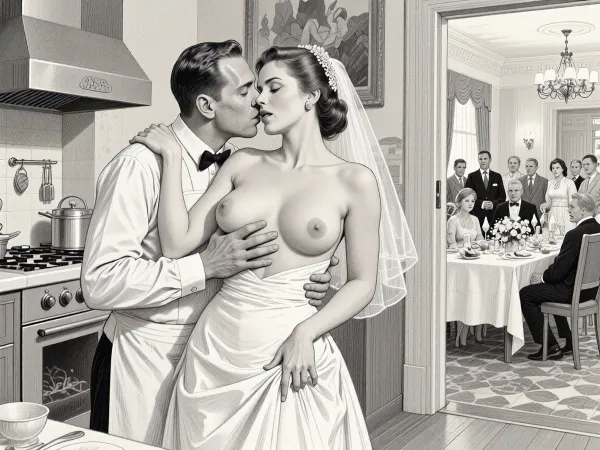 This is is a detailed monochromatic pencil drawing in a classical illustrative style depicts a scene set in USSR, in 1950s, a striking busty slutty bride in a white dress, hugs and passionately kisses an waiter in the restaurant kitchen who roughly and imperiously paws her tits, ((marginal waiter roughly pawing her exposed tits with his fingers)), the restaurant hall is visible through the open kitchen door, on a festive table during the wedding banquet, family and parents are watching in their best clothes, a large banquet hall, They celebrate the wedding without noticing the bride, The overall mood is intense, rendered in fine, expressive line work and subtle shading, evoking the style of 1950s satirical or moralistic illustrations.