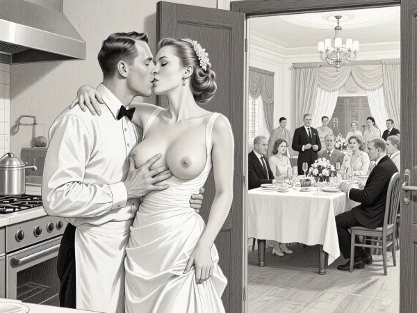 This is is a detailed monochromatic pencil drawing in a classical illustrative style depicts a scene set in USSR, in 1950s, a striking busty slutty bride in a white dress, hugs and passionately kisses an waiter in the restaurant kitchen who roughly and imperiously paws her tits, ((marginal waiter roughly pawing her exposed tits with his fingers)), the restaurant hall is visible through the open kitchen door, on a festive table during the wedding banquet, family and parents are watching in their best clothes, a large banquet hall, They celebrate the wedding without noticing the bride, The overall mood is intense, rendered in fine, expressive line work and subtle shading, evoking the style of 1950s satirical or moralistic illustrations.