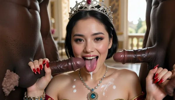 4k ultra high resolution, face of a beautiful 20 year old very pale skinned chinese princess with a royal princess crown is licking 2 big veiny cocks, (one long and one short penis), in front of her from 2 black men, woman holds the cocks horizontally with both hands, licking the tips of the cumdripping cocks with her long tongue, (much cum on tongue and cumdripping), short black hair, ultra high detailed face, dark eyelids, long black eyelashes, brown eyes, big cumcovered lips, neck with many white cumspots, royal costume top, woman is laughing and showing teeth, very long red fingernails, big necklace, royal bracelette, background royal palace, summer sunsrise with warm sunbeams