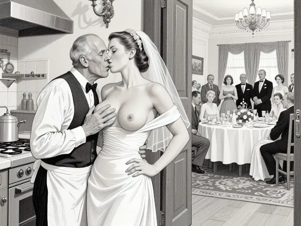 This is is a detailed monochromatic pencil drawing in a classical illustrative style depicts a scene set in USSR, in 1950s, a striking busty slutty bride in a white dress, hugs and passionately kisses an old waiter in the restaurant kitchen who roughly and imperiously paws her tits, ((marginal old waiter roughly pawing her exposed tits with his fingers)), the restaurant hall is visible through the open kitchen door, on a festive table during the wedding banquet, family and parents are watching in their best clothes, a large banquet hall, They celebrate the wedding without noticing the bride, The overall mood is intense, rendered in fine, expressive line work and subtle shading, evoking the style of 1950s satirical or moralistic illustrations.