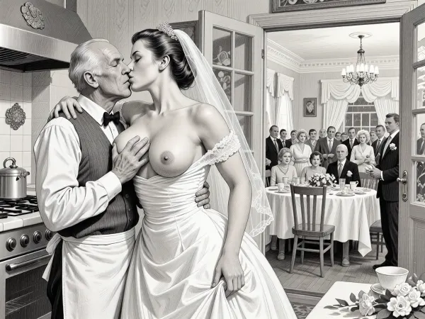 This is is a detailed monochromatic pencil drawing in a classical illustrative style depicts a scene set in USSR, in 1950s, a striking busty slutty bride in a white dress, hugs and passionately kisses an old waiter in the restaurant kitchen who roughly and imperiously paws her tits, ((marginal old waiter roughly pawing her exposed tits with his fingers)), the restaurant hall is visible through the open kitchen door, on a festive table during the wedding banquet, family and parents are watching in their best clothes, a large banquet hall, They celebrate the wedding without noticing the bride, The overall mood is intense, rendered in fine, expressive line work and subtle shading, evoking the style of 1950s satirical or moralistic illustrations.