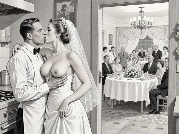 This is is a detailed monochromatic pencil drawing in a classical illustrative style depicts a scene set in USSR, in 1950s, a striking busty slutty bride in a white dress, hugs and passionately kisses an waiter in the restaurant kitchen who roughly and imperiously paws her tits, ((marginal waiter roughly pawing her exposed tits with his fingers)), the restaurant hall is visible through the open kitchen door, on a festive table during the wedding banquet, family and parents are watching in their best clothes, a large banquet hall, They celebrate the wedding without noticing the bride, The overall mood is intense, rendered in fine, expressive line work and subtle shading, evoking the style of 1950s satirical or moralistic illustrations.