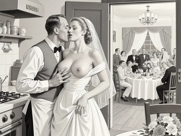 This is is a detailed monochromatic pencil drawing in a classical illustrative style depicts a scene set in USSR, in 1950s, a striking busty slutty bride in a white dress, hugs and passionately kisses an waiter in the restaurant kitchen who roughly and imperiously paws her tits, ((marginal waiter 50 yo roughly pawing her exposed tits with his fingers)), the restaurant hall is visible through the open kitchen door, on a festive table during the wedding banquet, family and parents are watching in their best clothes, a large banquet hall, They celebrate the wedding without noticing the bride, The overall mood is intense, rendered in fine, expressive line work and subtle shading, evoking the style of 1950s satirical or moralistic illustrations.
