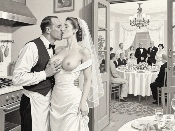 This is is a detailed monochromatic pencil drawing in a classical illustrative style depicts a scene set in USSR, in 1950s, a striking busty slutty bride in a white dress, hugs and passionately kisses an waiter in the restaurant kitchen who roughly and imperiously paws her tits, ((marginal waiter 50 yo roughly pawing her exposed tits with his fingers)), the restaurant hall is visible through the open kitchen door, on a festive table during the wedding banquet, family and parents are watching in their best clothes, a large banquet hall, They celebrate the wedding without noticing the bride, The overall mood is intense, rendered in fine, expressive line work and subtle shading, evoking the style of 1950s satirical or moralistic illustrations.