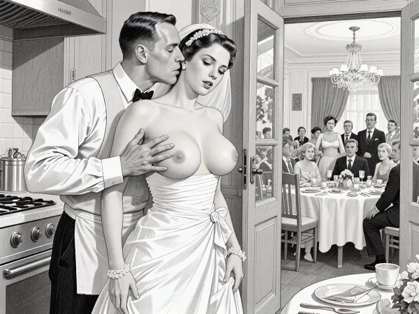 This is is a detailed monochromatic pencil drawing in a classical illustrative style depicts a scene set in USSR, in 1950s, a striking busty slutty bride in a white dress, hugs and passionately kisses an waiter in the restaurant kitchen who roughly and imperiously paws her tits, ((marginal waiter roughly pawing her exposed tits with his fingers)), the restaurant hall is visible through the open kitchen door, on a festive table during the wedding banquet, family and parents are watching in their best clothes, a large banquet hall, They celebrate the wedding without noticing the bride, The overall mood is intense, rendered in fine, expressive line work and subtle shading, evoking the style of 1950s satirical or moralistic illustrations.