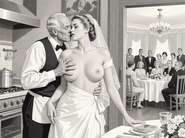 This is is a detailed monochromatic pencil drawing in a classical illustrative style depicts a scene set in USSR, in 1950s, a striking busty slutty bride in a white dress, hugs and passionately kisses an old waiter in the restaurant kitchen who roughly and imperiously paws her tits, ((marginal old waiter roughly pawing her exposed tits with his fingers)), the restaurant hall is visible through the open kitchen door, on a festive table during the wedding banquet, family and parents are watching in their best clothes, a large banquet hall, They celebrate the wedding without noticing the bride, The overall mood is intense, rendered in fine, expressive line work and subtle shading, evoking the style of 1950s satirical or moralistic illustrations.
