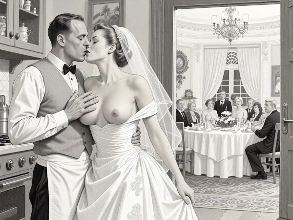 This is is a detailed monochromatic pencil drawing in a classical illustrative style depicts a scene set in USSR, in 1950s, a striking busty slutty bride in a white dress, hugs and passionately kisses an waiter in the restaurant kitchen who roughly and imperiously paws her tits, ((marginal waiter 50 yo roughly pawing her exposed tits with his fingers)), the restaurant hall is visible through the open kitchen door, on a festive table during the wedding banquet, family and parents are watching in their best clothes, a large banquet hall, They celebrate the wedding without noticing the bride, The overall mood is intense, rendered in fine, expressive line work and subtle shading, evoking the style of 1950s satirical or moralistic illustrations.