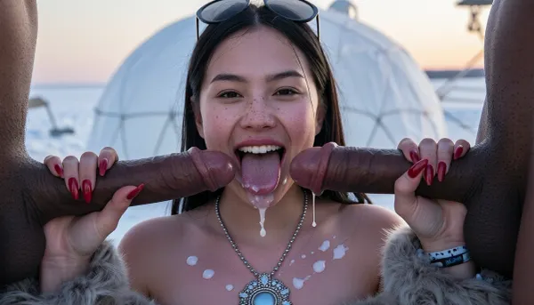 4k ultra high resolution, face of a beautiful 20 year old light purple pale skinned asian inuit eskimo woman is licking 2 big veiny cocks, (one long and one short penis), in front of her from 2 black men, woman holds the cocks horizontally with both hands, licking the tips of the cumdripping cocks with her long tongue, (much cum on tongue and cumdripping), ultra high detailed face with many freckles, big cumcovered lips, neck with many white cumspots, grey fur trims, woman is laughing and showing teeth, very long red fingernails, big polar necklace, little round sunglasses, polar bracelette, background iglu in white snow, winter sunset