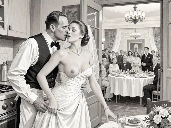 This is is a detailed monochromatic pencil drawing in a classical illustrative style depicts a scene set in USSR, in 1950s, a striking busty slutty bride in a white dress, hugs and passionately kisses an waiter in the restaurant kitchen who roughly and imperiously paws her tits, ((marginal waiter 50 yo roughly pawing her exposed tits with his fingers)), the restaurant hall is visible through the open kitchen door, on a festive table during the wedding banquet, family and parents are watching in their best clothes, a large banquet hall, They celebrate the wedding without noticing the bride, The overall mood is intense, rendered in fine, expressive line work and subtle shading, evoking the style of 1950s satirical or moralistic illustrations.