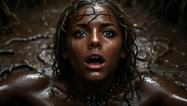 Ultra realistic photo, exhausted young African beauty, flat athletic body, very beautiful, very angry face, wide open eyes, very dark tan, many tentacles fucking attack, open testicles, wide open mouth, head up, deep blood scars, (very close-up view from below:1.9), (reclining deep inside very deep mud, body covered in many mud, loincloth covered in many mud, tentacles gang bang, many very big tentacles plants with many big leaves wrapped very tightly around neck, strangle neck tightly, many stinger roots with leaves, assimilation:1.3), short dirty very messy hair on face, <lora:MJ52:2>, <lora:attractive_notrigger:.3>, <lora:dark:.1>, very deep inside mud, <lora:MJ52:.8>, <lora:uberfit_lora_sdxl:.3>