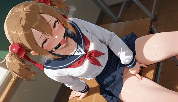 Silica from Sword Art Online, petite build with brown hair in twintails, flat-chested, In a classroom, a young woman sitting at a desk, wearing a scholgirl uniform. Her hands are cuffed to the desk, she is gagged and blushing, with an ahegao expression. A man is fingering her under the desk., fanart, explicit, nsfw.