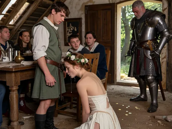 la scène représente un droit de cuissage, haut moyen age, intérieur, dans une cabane délabrée un sol en terre battue une jeune fille bergère rousse innocent magnifique en tenue de mariée de l'époque une couronne de fleurs sur la tête sans voile est à genoux dos à la caméra tête baissée sa robe de mariée est déchirée et sa couronne de fleurs est de travers son visage est couvert de sperme avec son époux un jeune berger en pourpoint vert cotellé debout à coté d'elle il la regarde avec dégout et mépris les autres convives autour de la table regardent également la porte du fond sans bouger ils sont surpris en arriere plan la porte est ouverte tenue par un garde en armure et un chatelain gros et vieux richement habillé de dos marche vers la sortie de la pièce en jetant des pièces d'or sans se retourner quelques pièces sont déjà au sol innocente, skinny, hard natural sunlight, contraste d'ombre et lumière du soleil qui passe entre les arbres shallow depth of field, realistic facial proportions, detailed textures, warm earthy tones. focus sur le visage de la jeune fille, gros plan détails de la fille, menue, maigre, chétive, magnifique, élancée, skinny caucasian, visages très expressifs