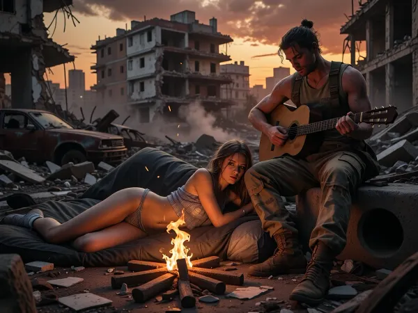 A post-apocalyptic, ruined city at twilight, a sunset sky, clouds, smoke, and dust. The ruins of high-rise buildings, collapsed concrete slabs, protruding rebar, and the rusted body of a car. In the foreground is a small bonfire made of planks, its bright, warm flames casting an orange glow over everything around it. A young woman lies on her side on a sleeping bag, wearing a short tank top and panties, her body is slightly arched, propped up on her elbows, her hair is disheveled, and her gaze is calm and weary. Next to her, sitting on a piece of concrete debris, is a young man in worn military pants and an army T-shirt, he is playing an acoustic guitar, his head tilted slightly. Between them lies a close, intimate space. An atmosphere of survival, warmth, and quiet intimacy amid the ruins. Cinematic lighting, high detail, realistic textures, depth of field, evening lighting, post-apocalyptic realism, a masterpiece, top quality, ultra-detailed image