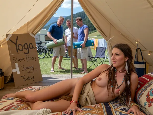 Ultra realistic cinematic editorial masterpiece, bright summer afternoon at a traditional public European mountain campground, warm natural sunlight, crystal clear mountain air, crisp blue sky, green hills, ordinary conservative camping atmosphere with caravans, awnings, bicycles, folding chairs, drying towels, camping gear, camera deep inside a decorated open canvas tent looking outward through the wide entrance strong foreground depth, the tent opening frames the outside like a stage. A weathered cardboard sign taped slightly crooked to the tent entrance, big hand drawn black marker letters reading Yoga, below in a smaller calmer script, Silent Body Journey, and under that Today. In the immediate foreground inside the tent a breathtakingly beautiful hippie woman, 25, rests on a thick luxurious mattress like a real, inviting bed, layered textiles, embroidered cushions, handcrafted rugs, warm earth tones, shells, beads, fairy lights, long dreads with beads and feathers, lean athletic adult, serene smile, face in maximum razor sharp detail. In the middle ground outside the entrance, four heavily overweight camping men, all between 52 and 64, clearly arriving for the outdoor yoga class, each with a rolled foam yoga mat, textured, faded colors, loose loud vacation clothes, socks with sandals, one holds a beer, one has a beach tote, all gaze in cheerful fascination, deep focus editorial clarity, sharp faces, skin, fabrics, hyper-real textures, HDR detail, 8K.