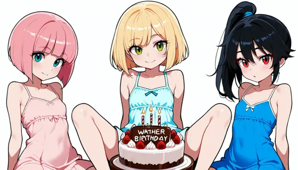 derpixon style, simple cartoon, bold black outlines, vibrant flat colors, without shading, clean lines, white background, three petite girls, completely clothed, sitting on top of a single massive chocolate birthday cake, legs spread wide, joyful expressions, small flat chests, thin legs and narrow hips, clean flat coloring, no complex details, no gradients, no shine, one girl with short blonde hair and green eyes wearing a simple blue cotton dress, one girl with a long black ponytail and red eyes wearing a simple red cotton dress, one girl with a short pink bob and blue eyes wearing a simple yellow cotton dress, maximum simplicity.