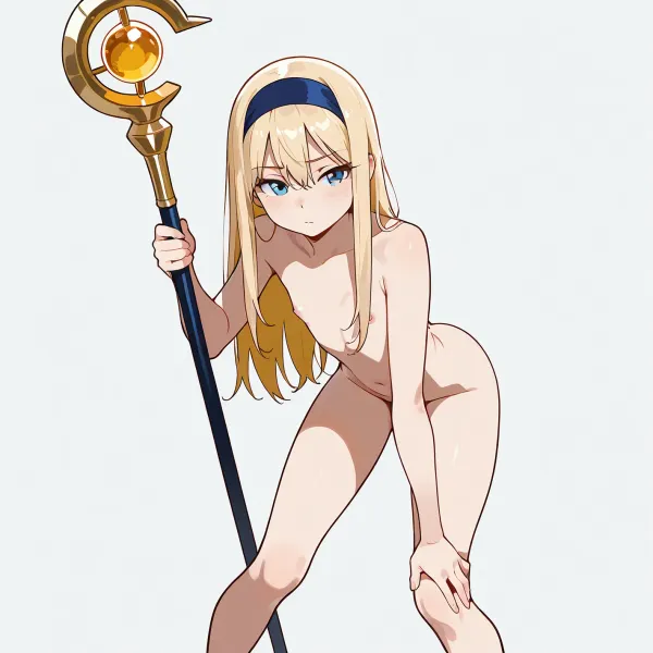 single character, smaller girl, wearing a dark blue headband with a small square golden gem in the center, extra long golden blonde hair reaching the floor, cute innocent face, blue eyes, small petite body, short stature, thin frame, flat chest, small buttocks, completely naked, sitting with legs apart, leaning forward, holding her magic staff in her hand, Derpixon style, simple cartoon, bold black outlines, vibrant flat colors, without shading, clean lines, white background, maximum simplicity, clean flat coloring, no complex details, no gradients, no shine.