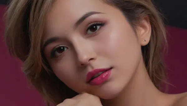 ((glowing subtle magenta and black background:1.4)), ((3/4 view)), of a, ((dainty:2)), naked 28 year old East Asian/Latina woman with a playful and provocative expression and natural, ((teardrop breasts)), . face has over-bite. Her dyed blonde hair, with strands clinging to her face. She has, ((large almond-shaped, expressive eyes)), with, ((long eyelashes)), soft eyebrows, and slightly parted lips. She is totally naked. detailed, style, photo, of, a, sks, kawaii, douyin, makeup, highborn, pure, lust, golden, smoke, see, the, description, <lora:KawaiiMakeupXLv2:1.7>, <lora:makeup_master_base_sdxl_v1:1.3>, woman, laying, on, stomach, <lora:woman_laying_on_stomach_xl_lora_reg-000027:.8>