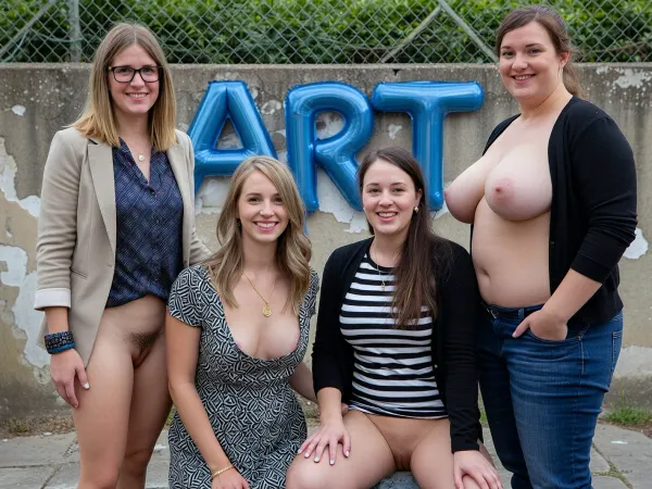 Four women stand and kneel together in a cheerful, casual group pose against a weathered concrete wall outdoors. The composition is balanced, with two women standing and two crouching, creating a dynamic yet cohesive arrangement. All four are smiling warmly at the camera, conveying a sense of camaraderie and positivity. The woman on the far left has shoulder-length blonde hair and wears glasses, a beige blazer over a dark patterned top, and is naked underneath, presenting her hairy vagina. The woman kneeling in front of her has light brown hair, a black-and-white patterned dress with malfunction, letbhercright breast hang out, and a gold necklace. The woman kneeling on the right is fat, has long dark hair, a black cardigan over a black-and-white striped top, legs spread to present her vagina. The woman standing on the far right is obese and has her hair pulled back, wears nothing presenting her fat tits under a black cardigan, and blue jeans. Behind them, the word "ART" is painted in blue balloon-style letters on the wall, with a chain-link fence and green foliage visible above. Natural daylight illuminates the scene, creating soft shadows and a relaxed, authentic atmosphere. The image has a candid, documentary-style quality with a focus on natural expressions and genuine interaction.