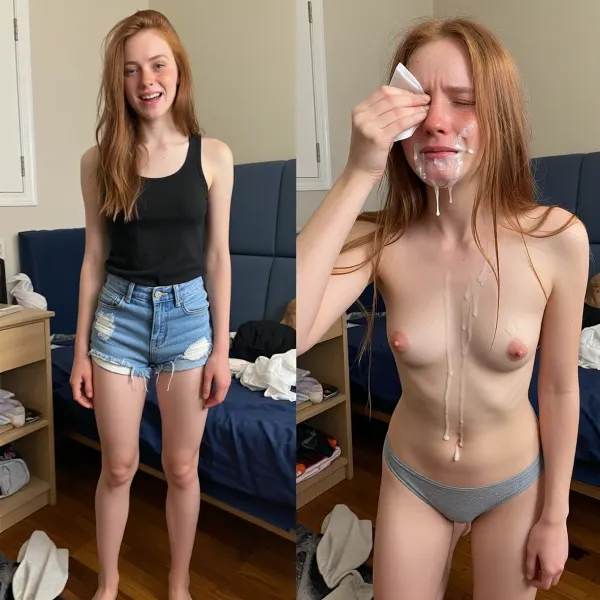 (side-by-side, two full body shot pictures), of the exact same petite and extreme skinny irish 18yo adult model, small tits, long legs, narrow hips, thigh gap, long slim legs, pale faced woman, with long messy ginger hair and freckles and tall narrow nose and narrow long face, left picture she is dressed and happy in her dorm room and right picture after a bukkake Party. BREAK, left picture she looks shy and laughing happy with jean shorts and a black tank top, and natural pretty face, BREAK, right picture, after ther bukkake party on the second picture her face is completely covered in cum, she is on her knees, an excessive amount of cum is on her face and in her mouth, cum is dripping down on her nude chest, she is only wearing cum stained tight gray cotton bikini panties, she is cleaning her eyes with a small tissue, her hair is messy, she is looking disgusted and sad, she looks horrified, she looks distraught, she is crying, her face is completely destroyed. Please make an extreme contrst from first picture to second picture. the woman has to be the same pretty woman on both pictures. Same Background for both pictures, a messy dorm room