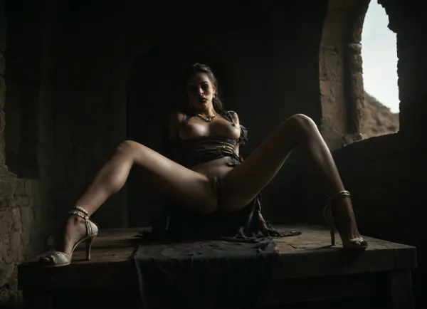 Uber realistic, 8k, ultra detailed, masterpiece, Erotic historical scene. Hyper realistic, (an African queen, submissive, wearing, (torn medieval royal dress)), outdoor, Arab desert, big saggy breasts, medieval castle in background, High, Resolution, More, Details, 8K, but, wide view of a dark very wide romantic wedding room, from below, mature woman, standing on her knees, spread legs, sexy pose, 1 blonde mature, from behind, on all four, doggy style, east eur bored, looking far away on her left, lying on her back on a white couch, ponytail, high cheeckbones, long masculine face, squared face, with huge mise, arche d mode, wide chin, wrinkles on face, big nose, hard makeup, dark red lipstick on thin lips, big greenish grey eyes, hazel shadowed eyes, dark red nails, gold and pearl long earrings, belly chain, gold necklace with a red jem pendant, gold bracelets pearl and diamonds, gold anklet, pale-grey tight-high hold-up stockings, realistic intricated hold-up ruffle, white and gold high hells stiletto, very-high heels, white very long fur coat, fur under her ass, partially buttoned white fur coat, very furry, very small saggy breasts with protruding nipples, she is drunk and very bored, eyes half closed, nude under the coat, lying on her side very relaxed, bottom on the armrest of the white sofa, spreading long legs, legs asymmetricly posed, very high arches, white high-heels stiletto, golden anklet, (very depraved pose), relaxed back and bored, dark brown hairy vagina's fur, thick but hairy furry vagina, realistic asymmetric inner labia visible, the pussy is wide open, sex-hungry seducing, arm lying on the wite sofa, in one hand she holds seductively a long black 30's cigarette holder with a lit cigarette, she looks away, perfect fingers, long nails, perfect long muscular legs, high arches, showing legs, blemishes, very tanned skin, whore, depraved whore, soft light, bokeh, rich hall during an elegant party, <lora:add-detail-xl:.8>, <lora:BUT_SDXL_SHS:.3>, Girl 22 years, real girl no anime, perfect sporty body, extremely long legs, fucked missionary position, full view, 180cm tall, dark ginger hair, long hair, blue eyes, freckles on face, beautiful face, choker, earings, female blushing, extra detailed, high definition, pigtails, big round fake breasts, slave collar, hard nipples, breast piercing, breast exposed, (skin tight full body black lingerie, full body, narrow waist, (((makeup, eyeliner, mascara, pink lipstick, eyeshadow, smokey eyes))), ((tied on top of a table, lying on her back, wrists tied to the corners of the table)), arms open, legs open, legs lifted high and wide, wrists leather cuffs, smi, <lora:dark:.8>)