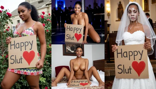 four pictures in two rows of a young afro, curvy, ultra black skin woman, with dark hair, ponytail. On the first picture on the top left she wears a playfull summerdress, and stands in a rosegarden, holding a handmade sign with text "Happy Slut" and a painted red heart. On the second picture on the top right she wears, (latex bikini), and is kneeling in a nightclub with cum on boobs, holding a handmade sign with text "Happy Slut" and a painted red heart. On the third picture on the bottom left she is completely naked, nude, and sitting on the bed spreading legs in a bedroom, cum dripping from mouth, holding a handmade sign with text "Happy Slut" and a painted red heart. On the fourth picture she wears a weddingdress and veil and stands in front of a church with the face covered of cum, holding a handmade sign with text "Happy Slut" and a painted red heart.