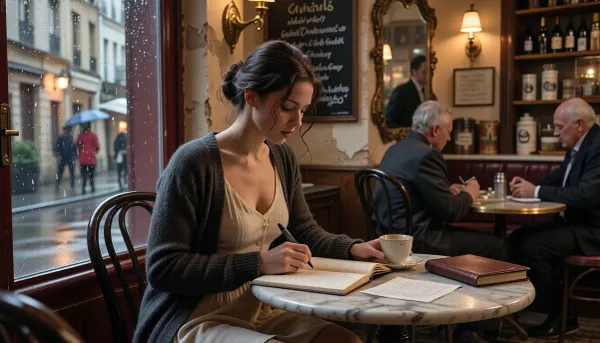 A cinematic, photorealistic scene of a very busty young female writer sitting alone at a small table inside a tiny, cozy French café, absorbed in her work. She is in her late twenties, naturally beautiful rather than glamorous, with slightly tousled dark brown hair loosely pinned up, a few strands falling around her face. She wears a soft cream blouse dress beneath a worn dark cardigan, understated and quietly elegant.

She sits beside a rain-speckled window at a small round marble café table, leaning slightly over an open notebook filled with handwritten pages. One hand holds a fountain pen paused thoughtfully above the paper while the other rests around a small porcelain cup of coffee. Several loose pages, and a closed leather-bound notebook lie beside her. Her expression is distant and contemplative, as though she is searching for exactly the right sentence.

The café is intimate and unmistakably French without feeling staged, aged plaster walls in warm muted tones, dark bentwood chairs, tiny marble-topped tables, an antique mirror behind the bar, handwritten chalkboard menus in French, shelves with wine bottles and old coffee tins, brass wall lamps casting a warm amber glow. A quiet waiter works softly in the blurred background while two elderly locals sit talking at another table.

Outside the window, a narrow Parisian side street glistens after light rain, with blurred pedestrians beneath umbrellas and the warm glow of street lamps beginning to appear in the late afternoon.

The atmosphere is warm, intimate, literary, nostalgic, and deeply lived-in — a private creative moment sheltered from the gray world outside. Natural window light mixed with warm practical café lighting, subtle reflections in the glass, shallow depth of field, delicate film grain, rich natural textures, realistic skin, candid documentary-style composition, cinematic 35mm photography, muted European color palette, sophisticated visual storytelling, authentic French café atmosphere, no posing, no awareness of the camera.