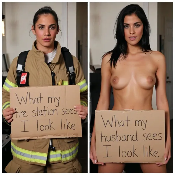 side-by-side two pictures of a sexy 30-year-old Hispanic firefighter standing, looking at the camera. On the first picture on the left she has her hair in a low bun, wears an extremely realistic firefighter's uniform and holds a handmade sign with text "What my fire station sees I look like". On the second picture on the right, the same woman is naked, nude, her hair is loose, visible nipples, standing and holding a handmade sign with text "What my husband sees I look like".
