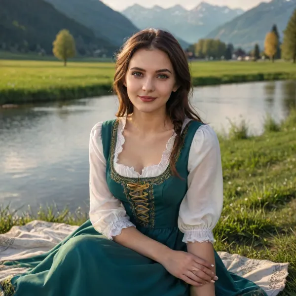 (UHD 8K, masterpiece, professional photo), (focus on face), (perfect detailded face), (detailed eyes), (perfect fingers), (high realistic), 24yo austrian slim woman, dark brown hair, in the golden morning light, (traditional austrian dirnd dress with blouse), kneeling in the green grass in front of a beautiful austrian deep blue lake in the moutains, (soft smile), Ohwx, woman, full body view, sunlight_str1, <lora:FilmLike_v0.9:1.1>, <lora:Tyla_pouty lips-000003:.2>, <lora:sunlight_str1-SDXL_v1-dim64-steps1691:.4>