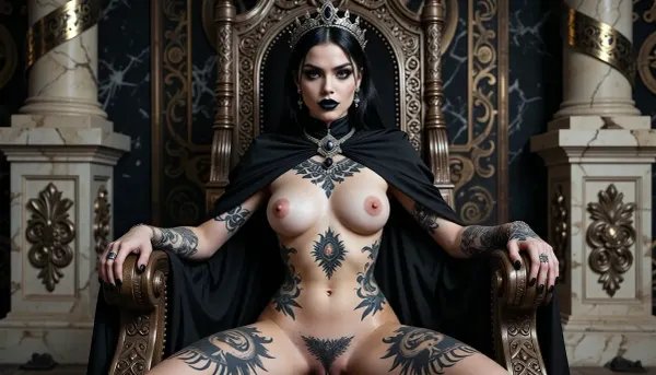 18 year old woman, beauty, majestic throne, black lips, black hair, busty, heavy make-up, pale body, piercing, heavy tattoo, diadem, black eyes, unholy necklace, sexy black cape, pretty earring, shave pussy, she knees